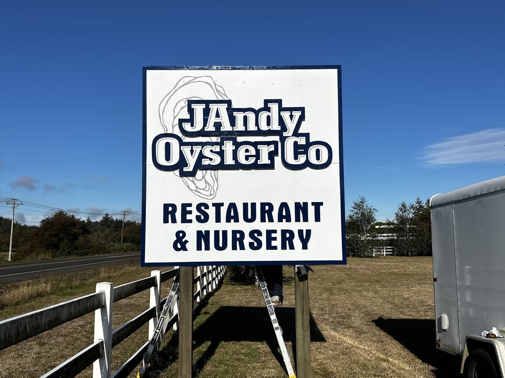 Custom exterior sign installed for JAndy Oyster Co restaurant and nursery
